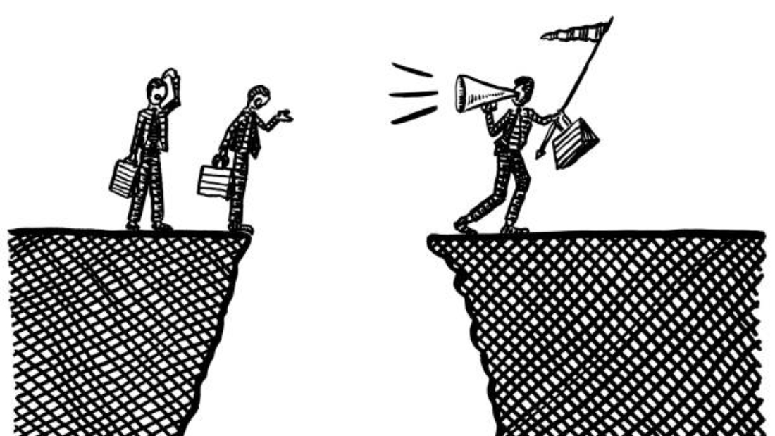 Freehand drawing of business team leader with flag in hand calling upon coworkers via megaphone to encourage them to take a leap across a ravine. Metaphor for leadership by example, doubt, dispute.